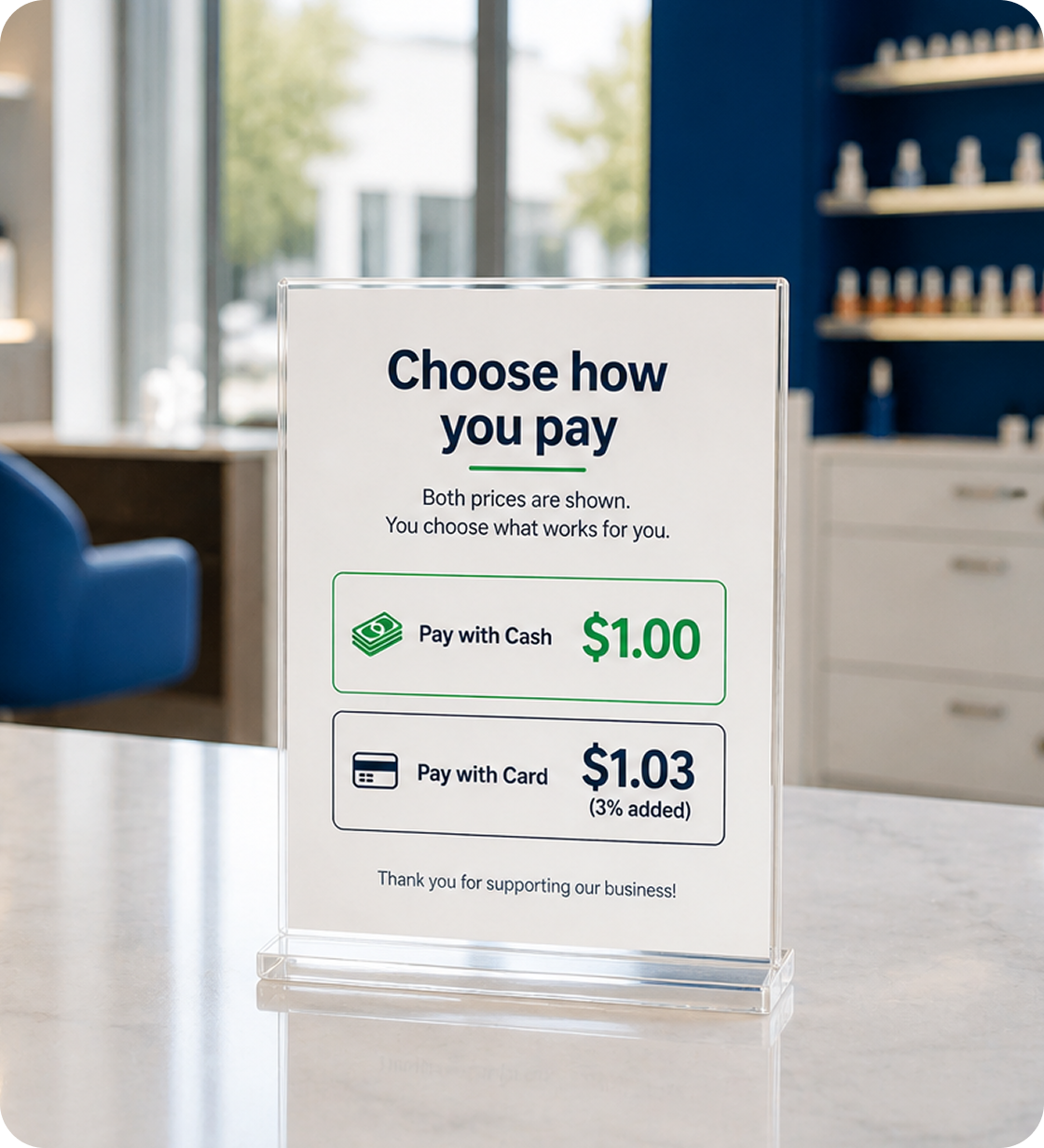 Dual pricing sign showing cash and card payment choices.